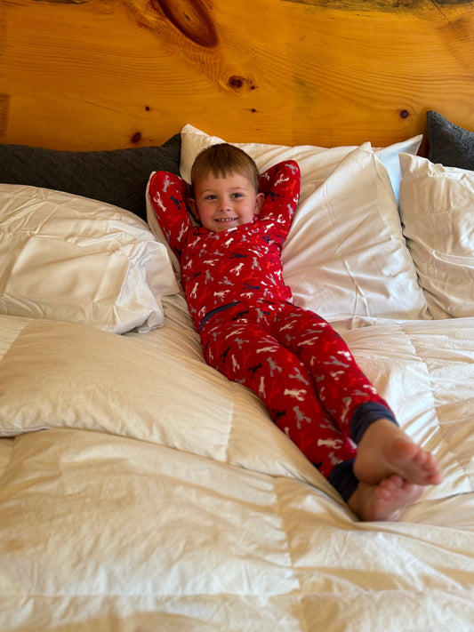 Red Maine-inspired lobster print pajama set for kids, featuring playful lobster design and soft fabric