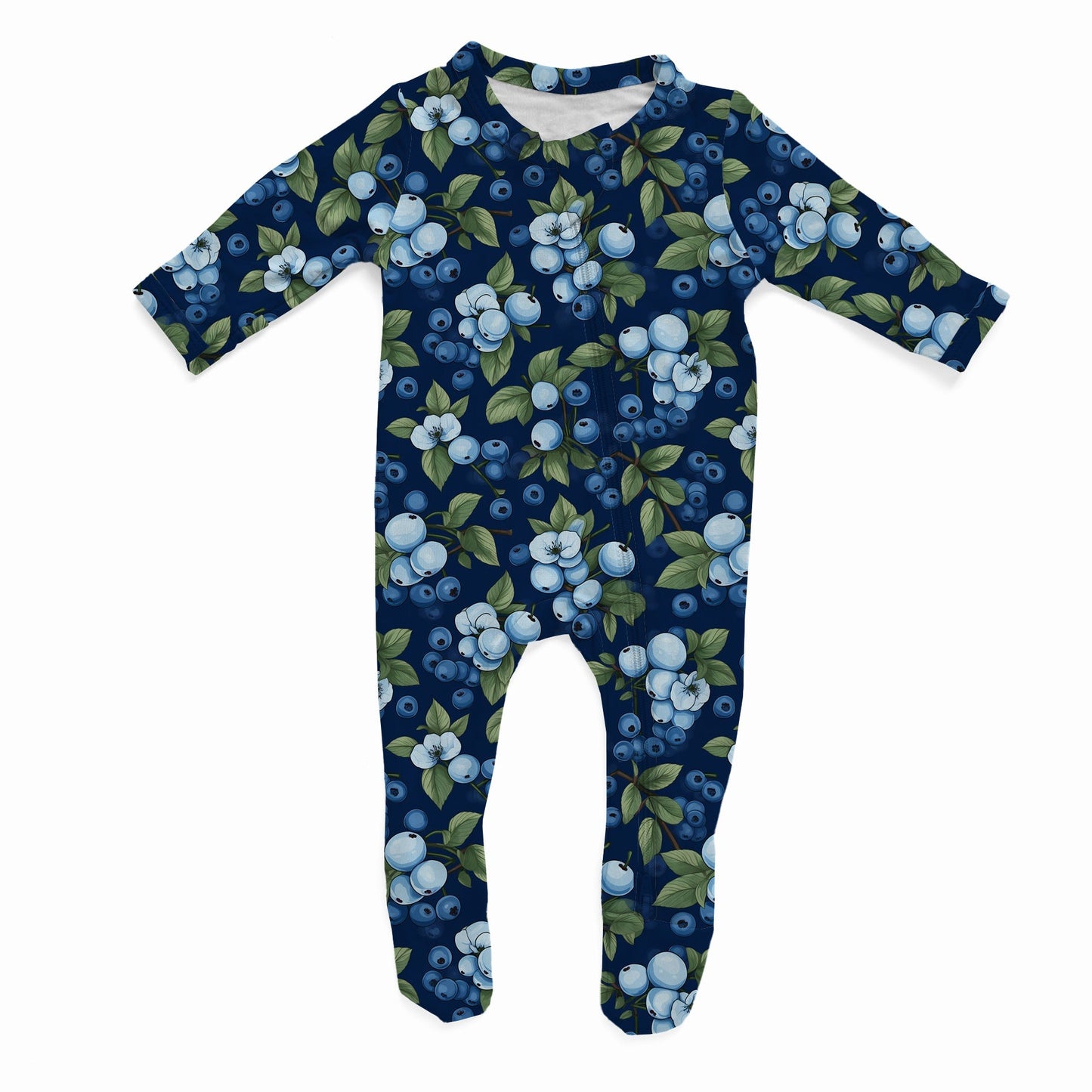 Baby onesie with Maine blueberry pattern and green accents and a navy background
