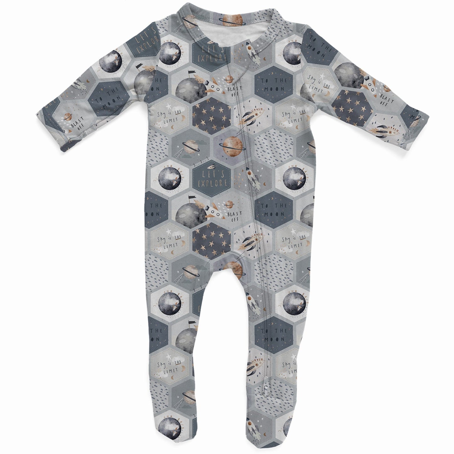 Baby onesie with different shades of gray hexagons with a space themed print that includes planets, the moon, stars, and rockets.