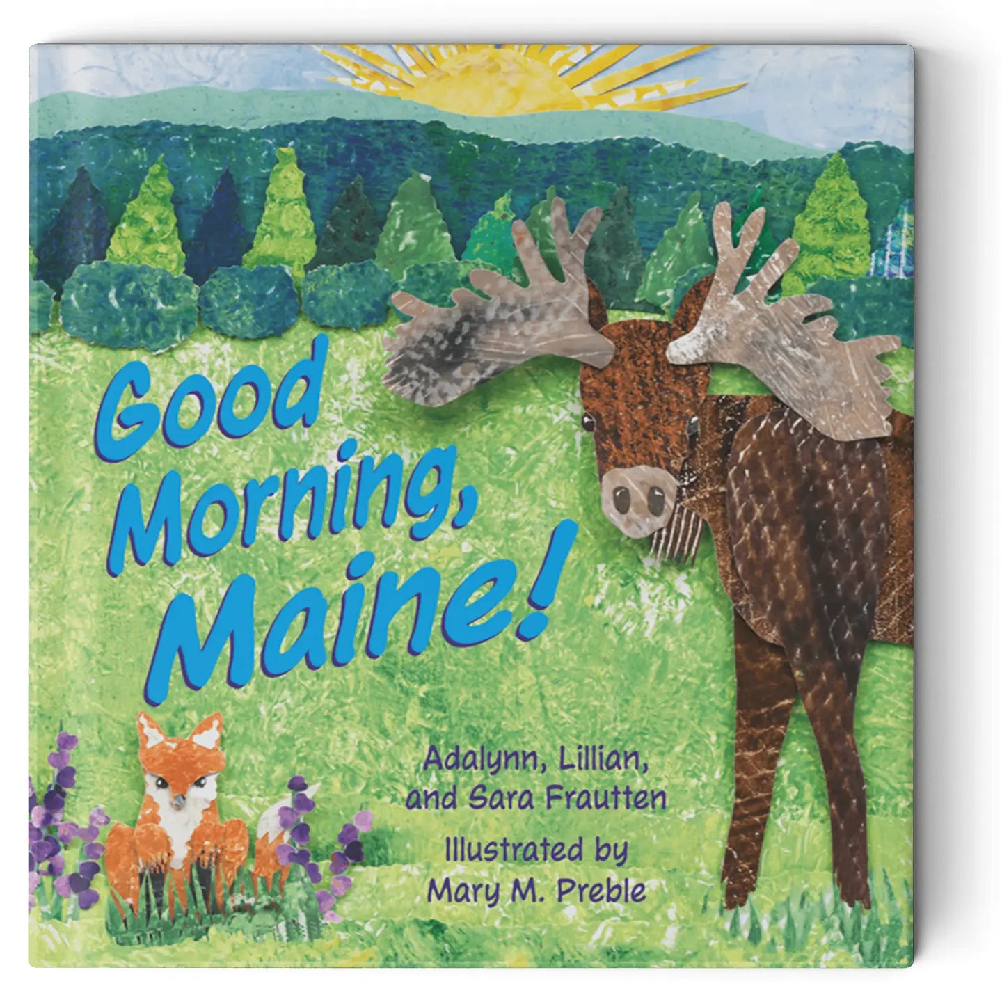 Book cover of 'Good Morning, Maine!' with a moose and fox illustration on a green background.