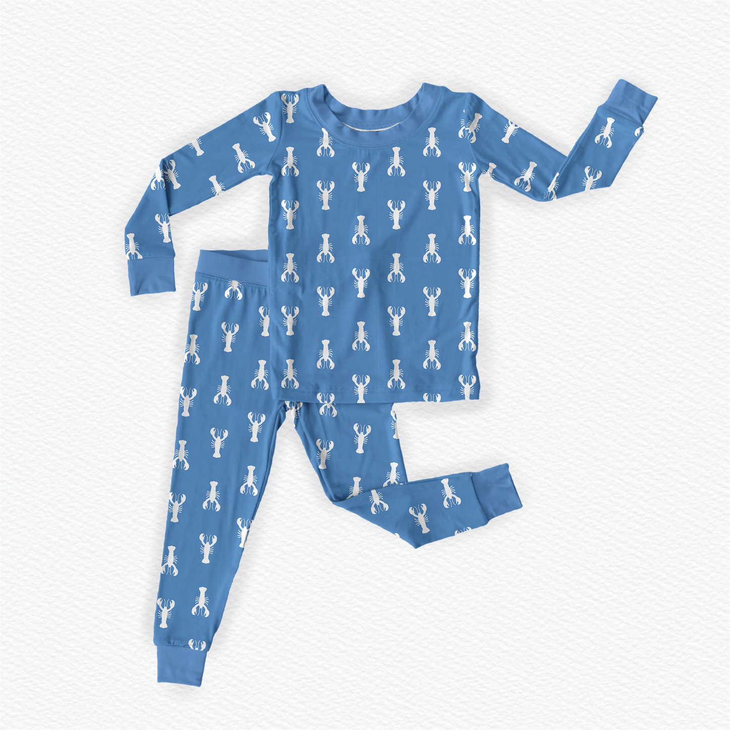 A two-piece baby pajama set with long sleeves, featuring blue color with white lobster patterns.