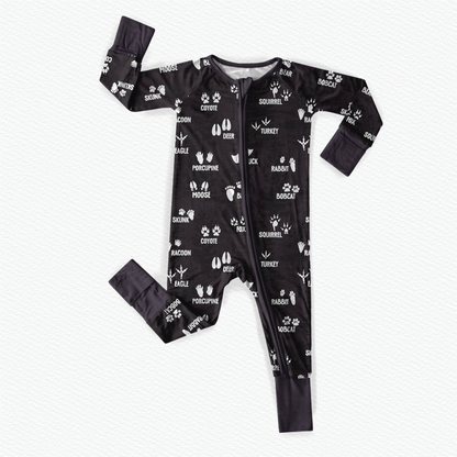 Dark gray baby breathable soft bamboo onesie with white text and graphics on a white background 