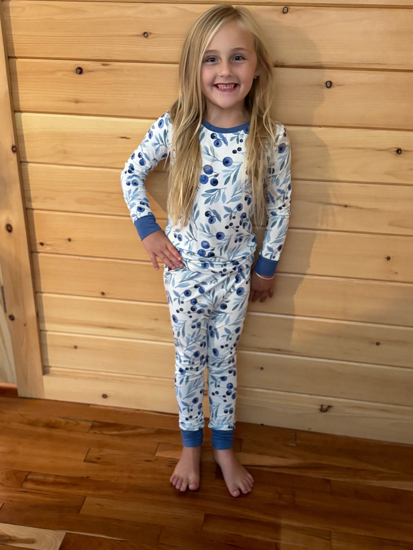 Jaycob Maine wild blueberry two-piece pajamas with all-over blueberry print, soft bamboo sleepwear for kids