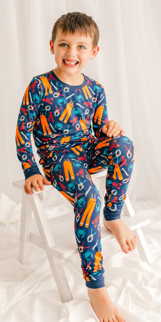 Dark blue background with oil gear, measure, bander, blue crabs and red lobsters 