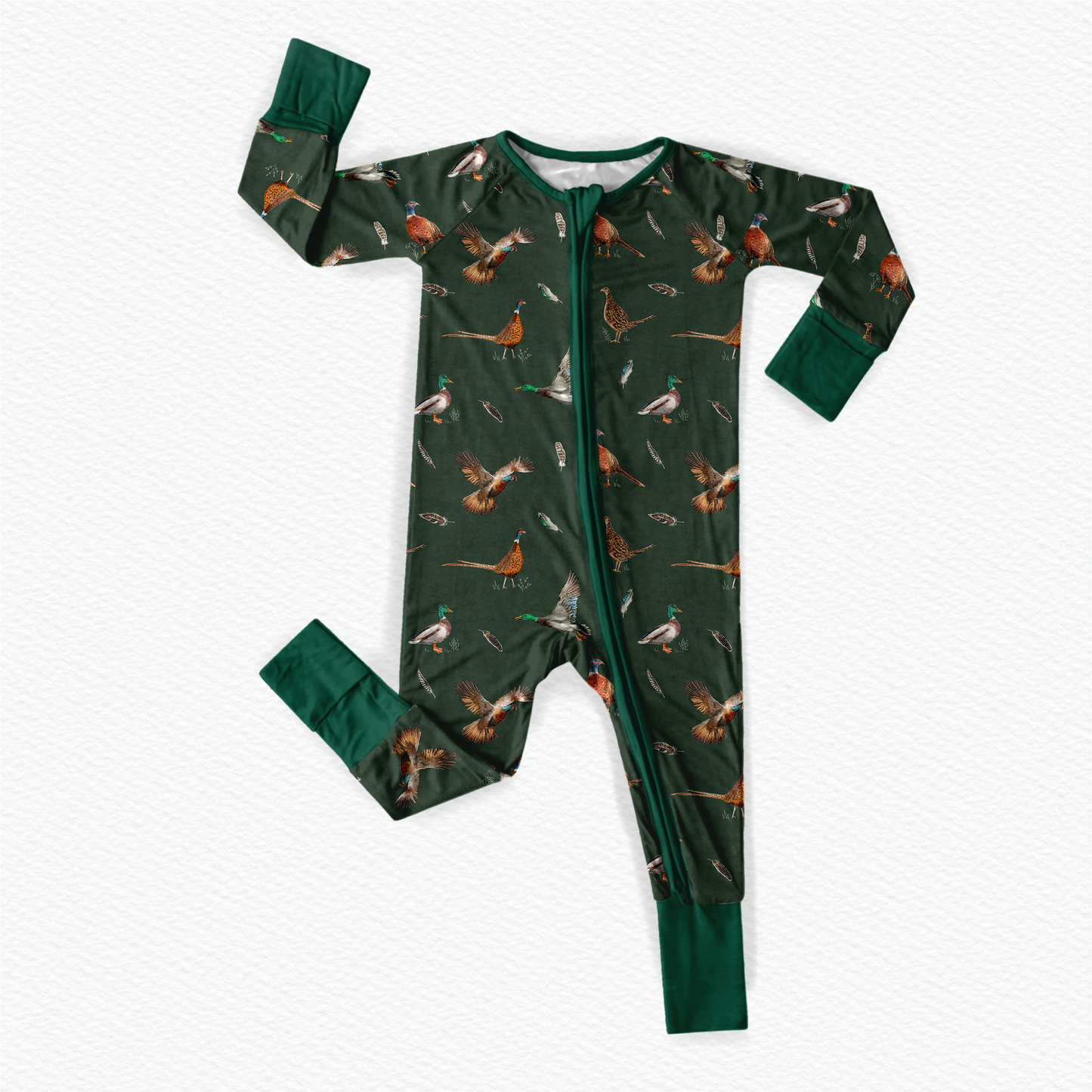 Baby zippy with wild Maine game birds on a dark green background 