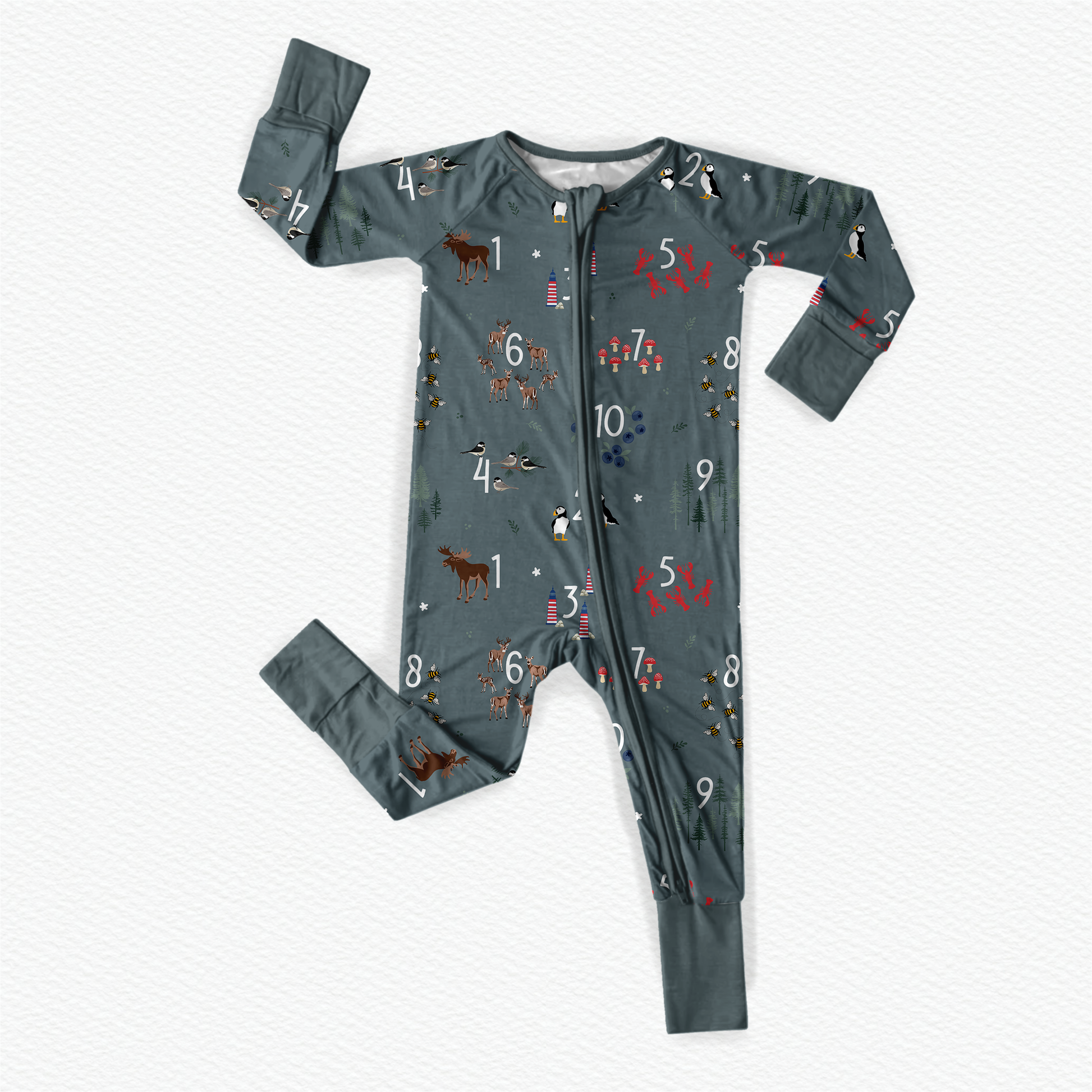 Children's gray one piece with white numbers and different patterns that are icons of Maine. 