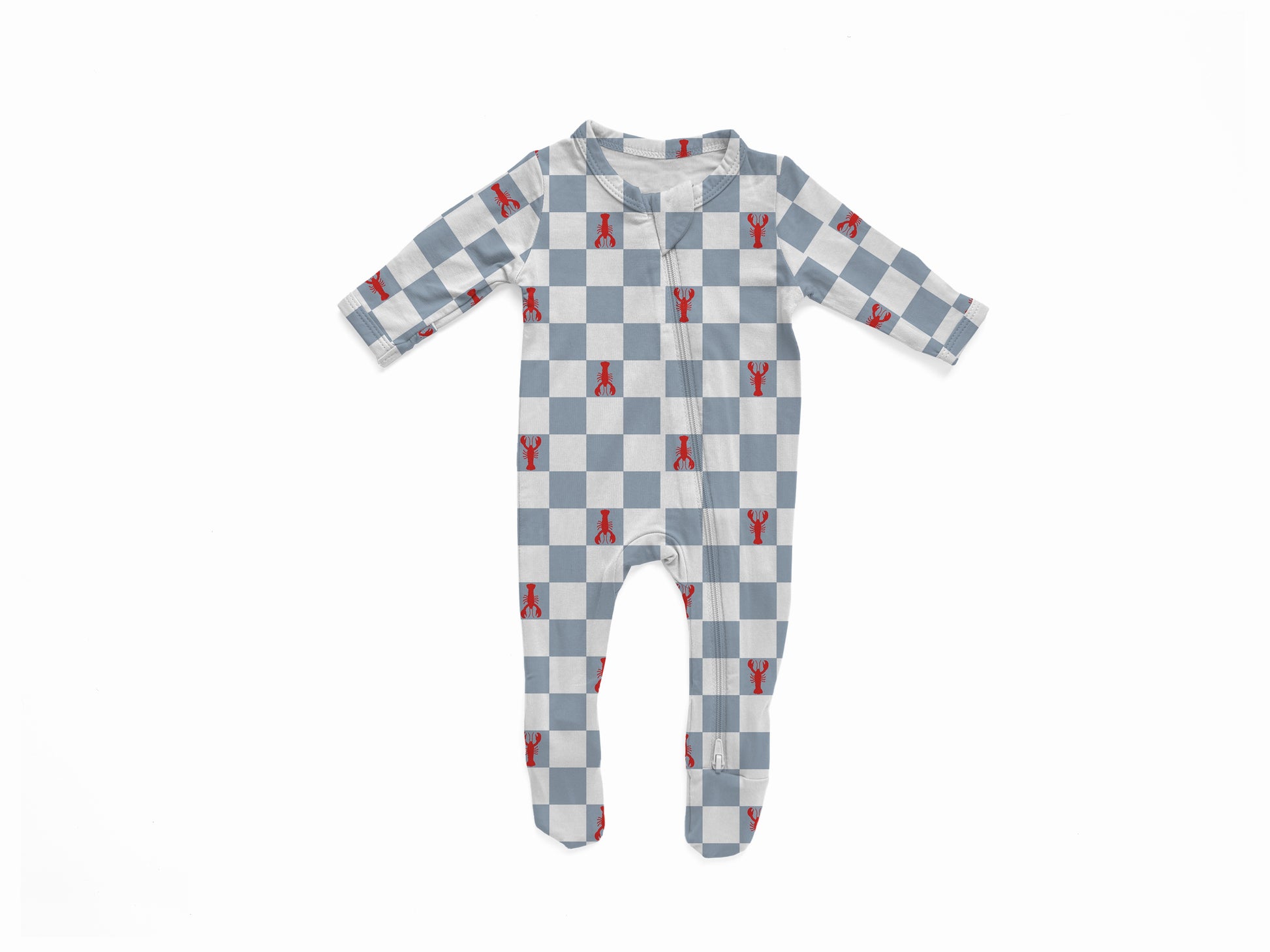 Baby onesie with plaid pattern in white and blueish gray with red lobsters
