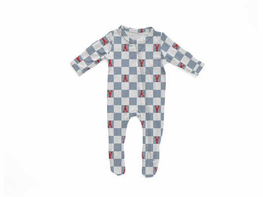 Baby onesie with plaid pattern in white and blueish gray with red lobsters