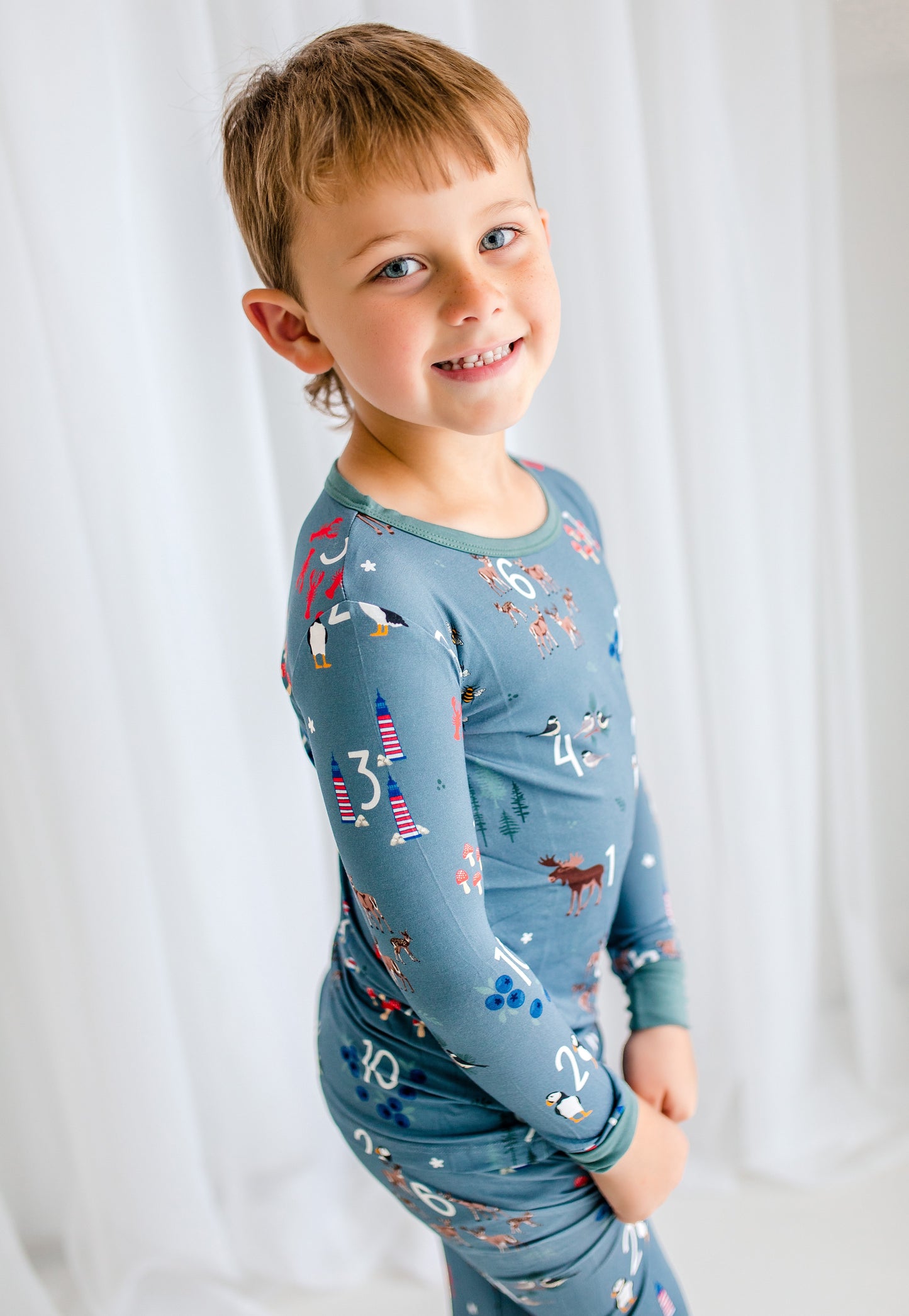Child wearing a light gray long-sleeve shirt with Maine themes throughout the print along with white numbers counting from 1-10 