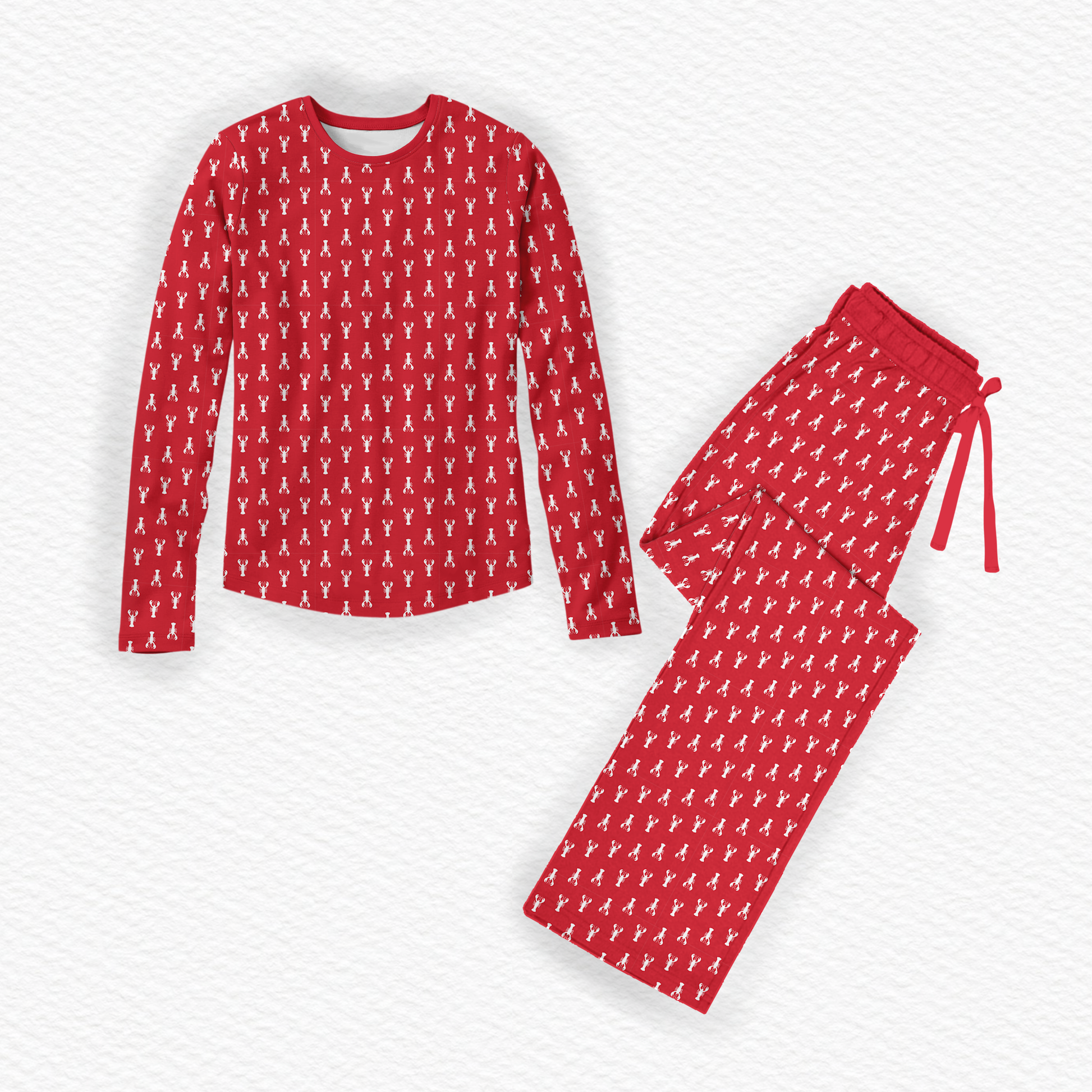Adult pajama set with white Maine lobsters on a red background 
