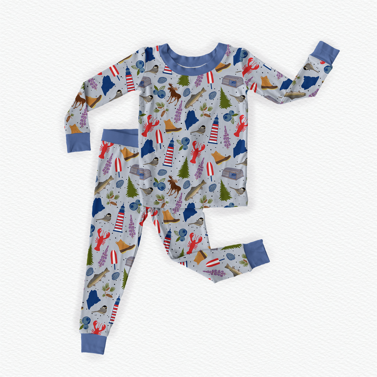 Children's pajama set with maine symbols including lobsters, lighthouses, buoys, blueberries, moose, chickadee, and the state of maine on a light blue background with darker blue accents 