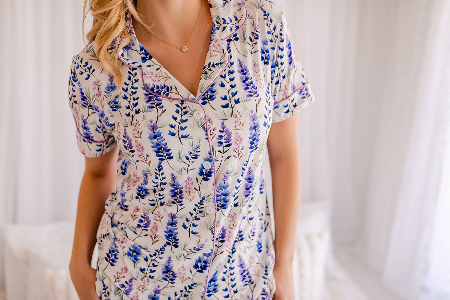 Kristina - Light Lupines Button Up Top & Shorts Pajama Set