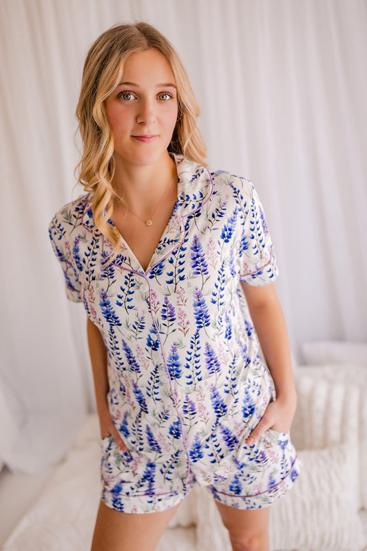 Kristina - Light Lupines Button Up Top & Shorts Pajama Set