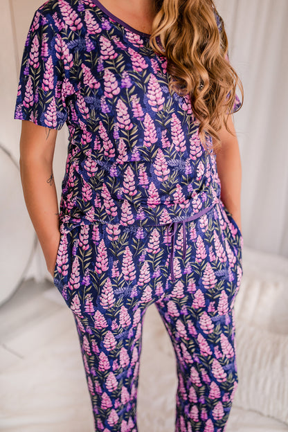 Annie - Dark Purple Lupines: Short Sleeve V-Neck Shirt