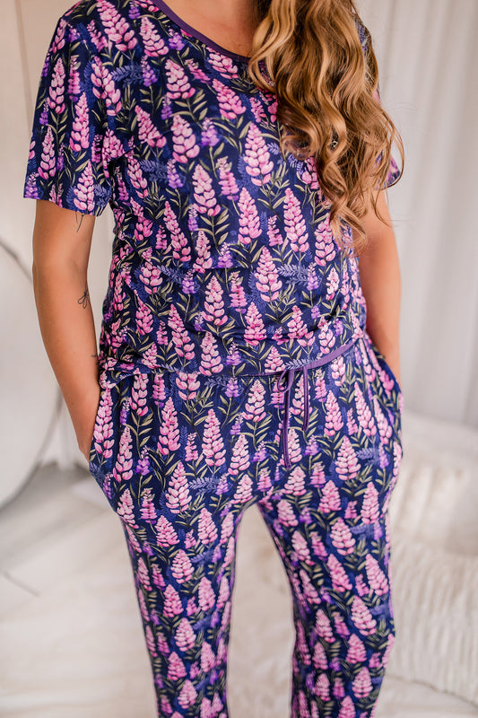 Annie - Dark Purple Lupines: Short Sleeve V-Neck Shirt