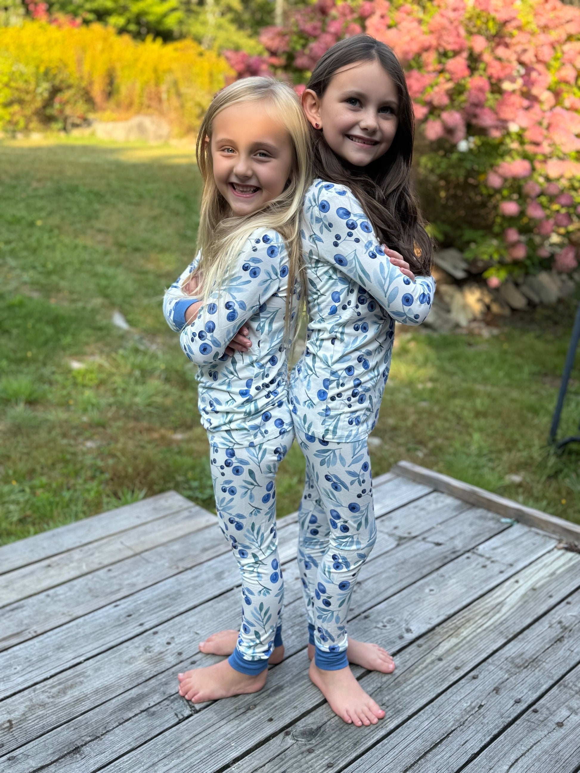 Blueberry Bamboo Pajamas Size 6T. Maine wild blueberry print two-piece pajama set for children, Jaycob bamboo pajamas.