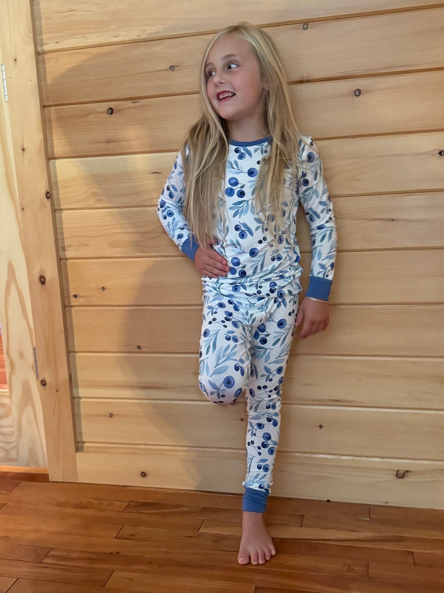 Children’s Maine wild blueberry two-piece pajamas, Jaycob set with playful blueberry print