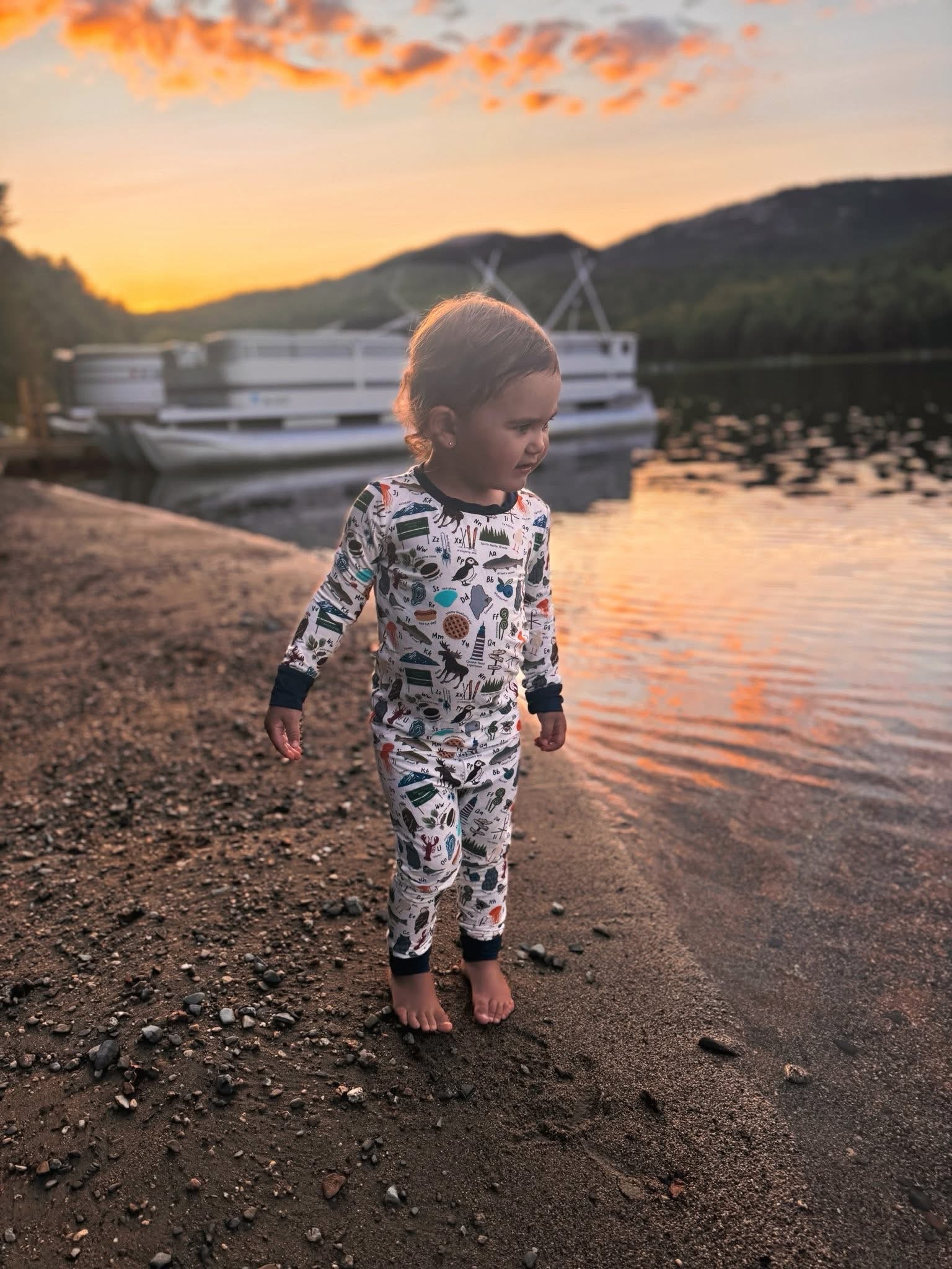 Child wearing a white background with all kinds of items from lobsters and blueberries to waffles and eagles, to each represent a letter of the alphabet 