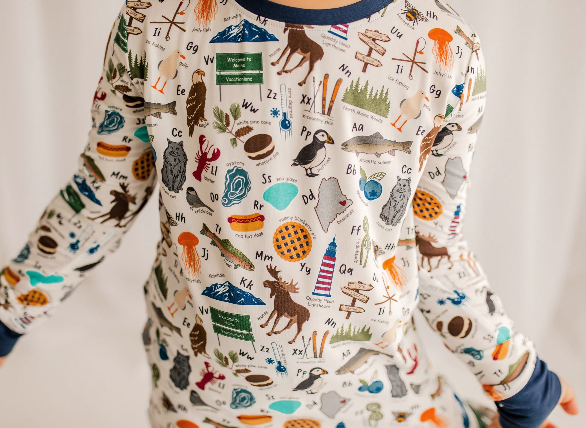 Long-sleeve shirt with different items from Maine that make the alphabet 