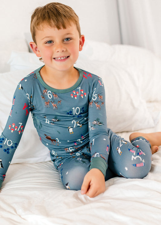 Child wearing grey pajamas with counting  numbers 1-10 with different Maine icons such as blueberries, lobsters, lighthouses, etc. 