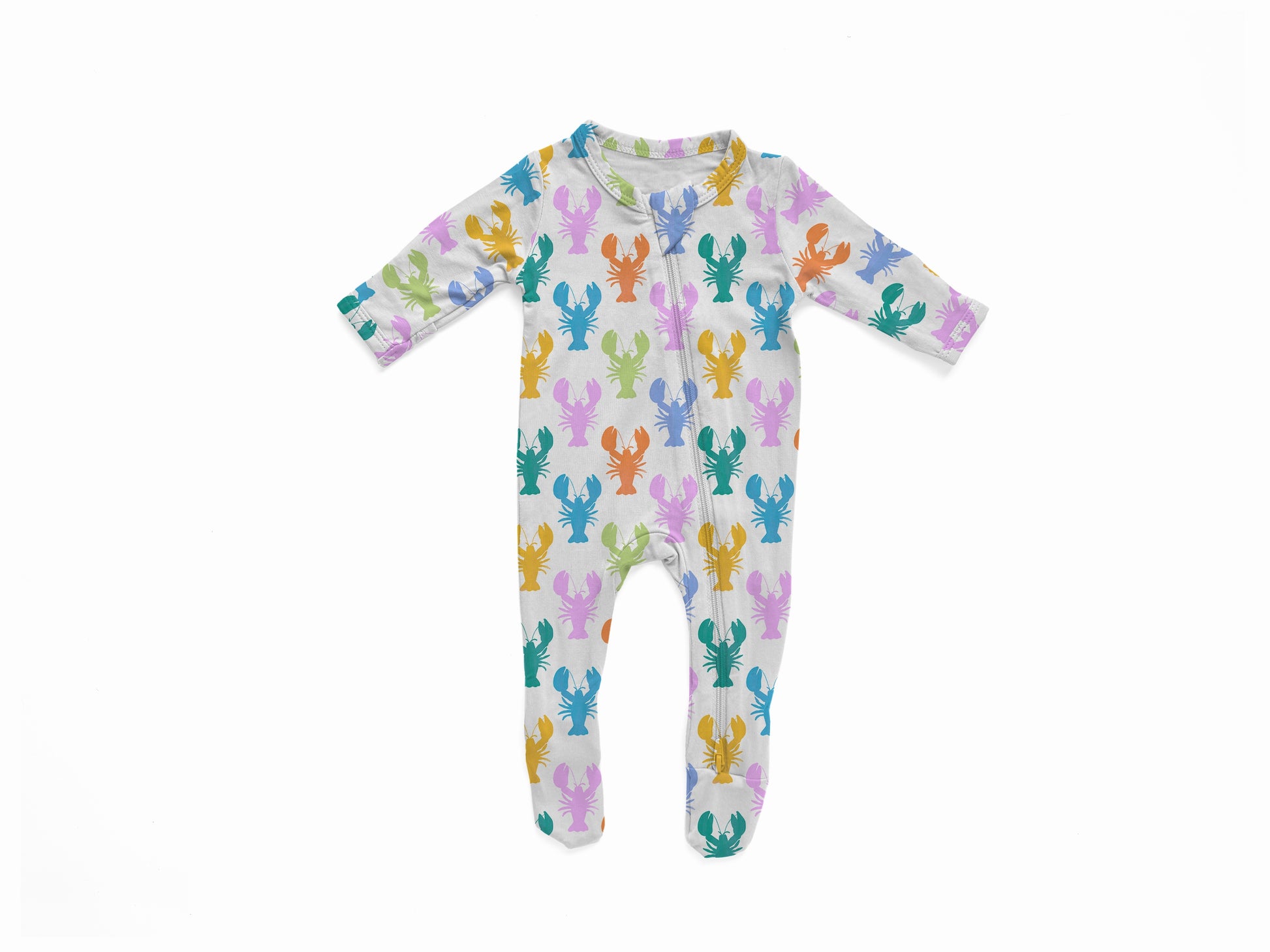 Baby onesie with colorful Maine lobsters for Easter in pastel colors on a white background