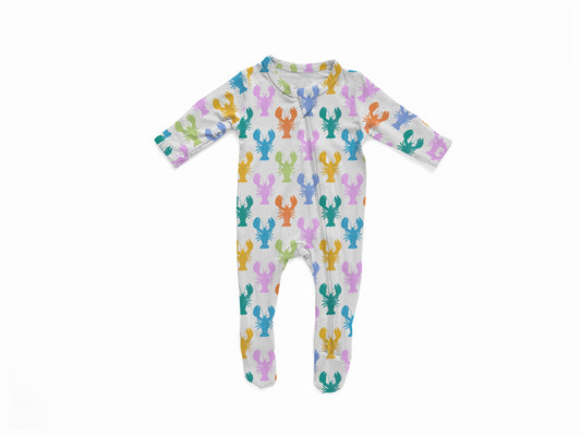 Baby onesie with colorful Maine lobsters for Easter in pastel colors on a white background