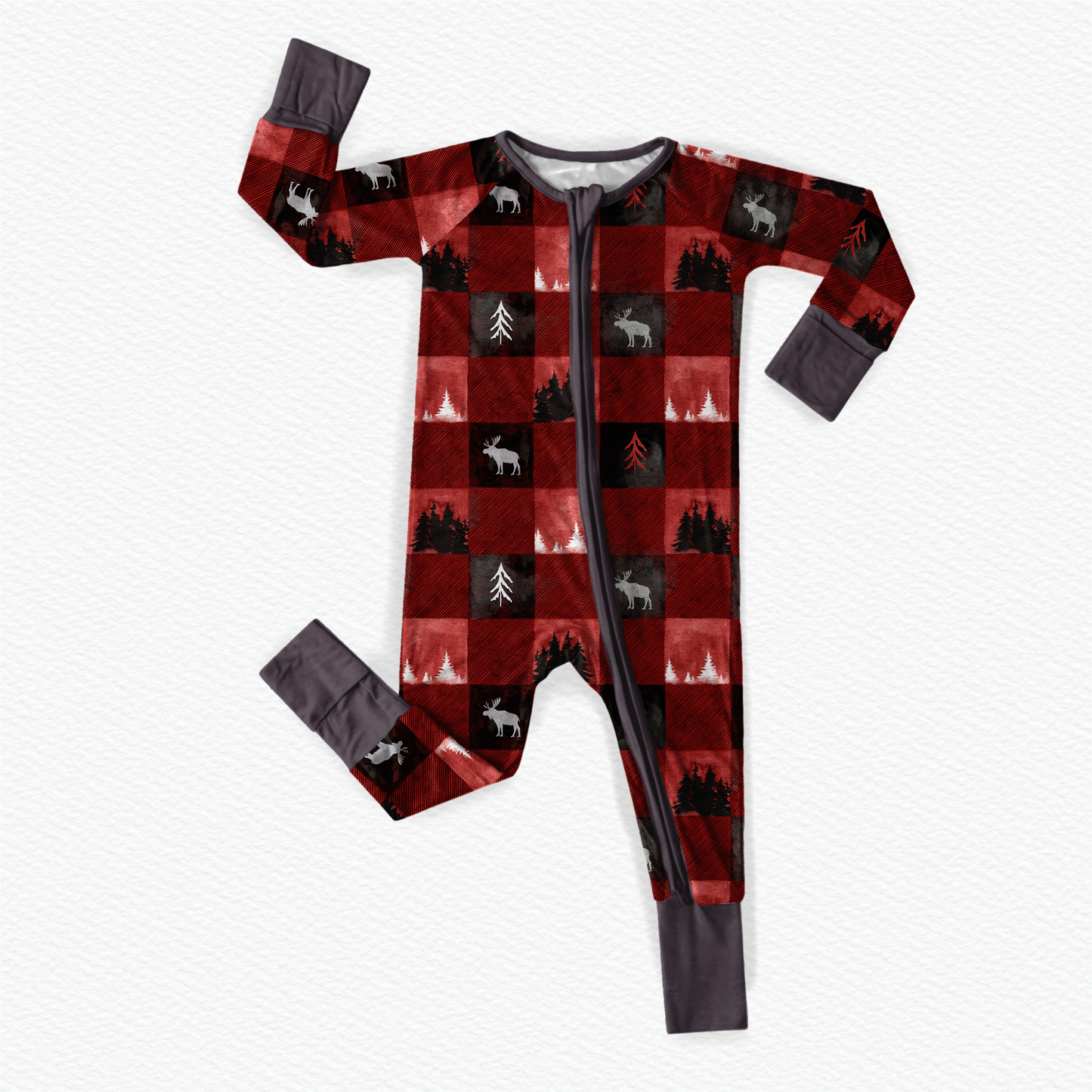 Red and black plaid one piece pajama with maine trees and one of maine's biggest icons, the moose. 