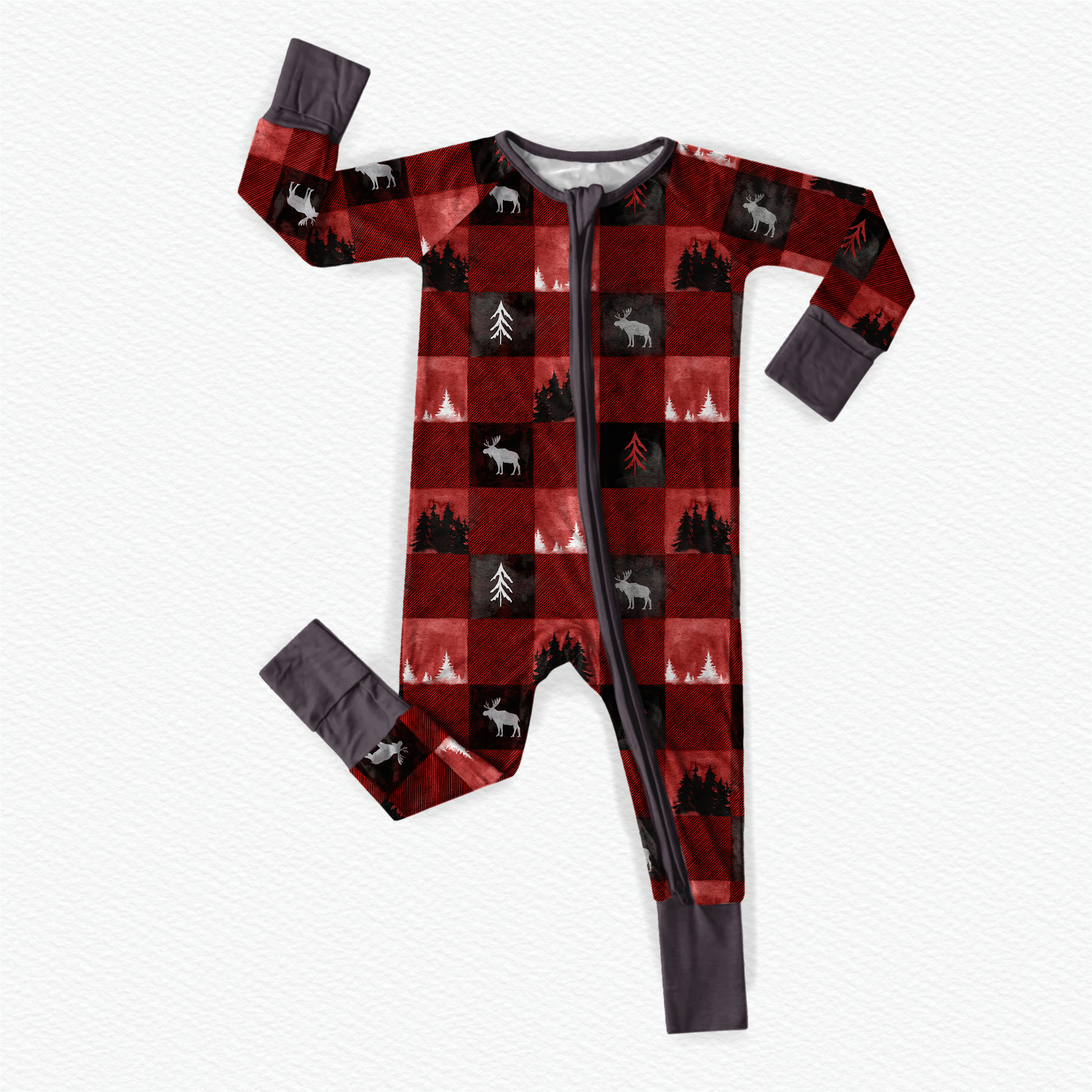 Red and black plaid one piece pajama with maine trees and one of maine's biggest icons, the moose. 