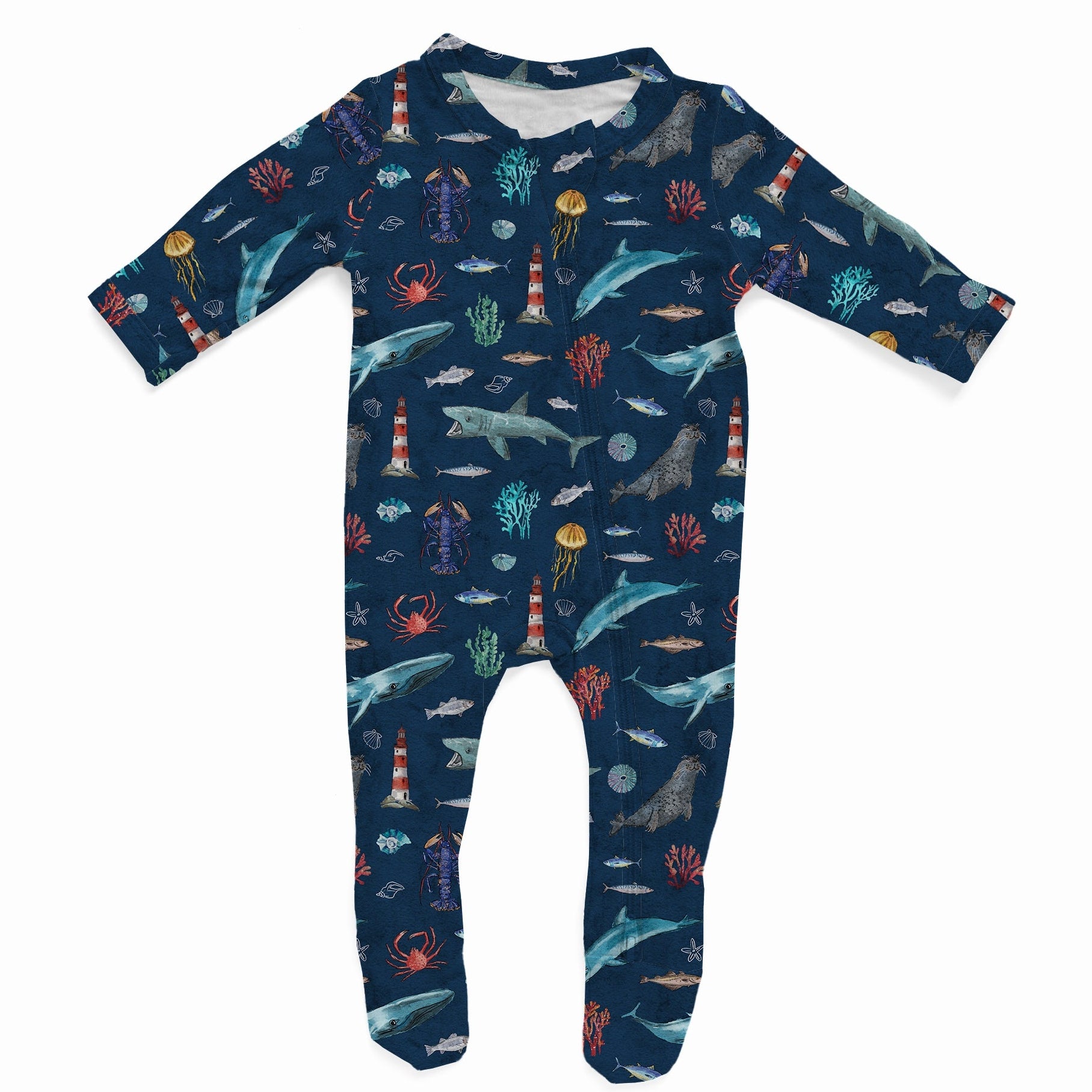 Navy baby onesie with Maine ocean animals, like crabs, lobsters, sharks, and so many more