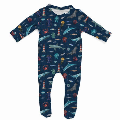 Navy baby onesie with Maine ocean animals, like crabs, lobsters, sharks, and so many more