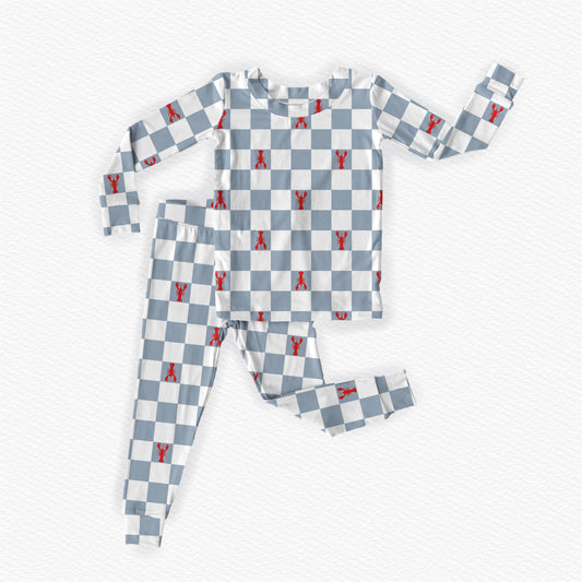 Blueish gray and white plaid with red Maine lobsters two piece pajama set with long sleeve and pants 