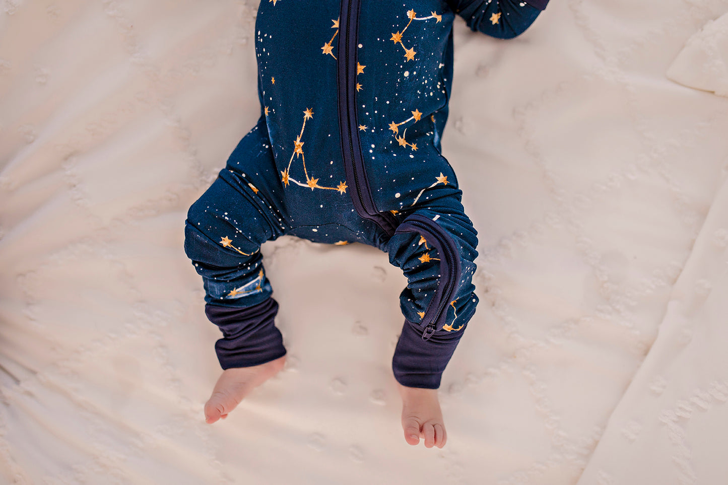 A dark blue long sleeved zippy with the galaxy, stars, and constellations with dark blue cuffs 
