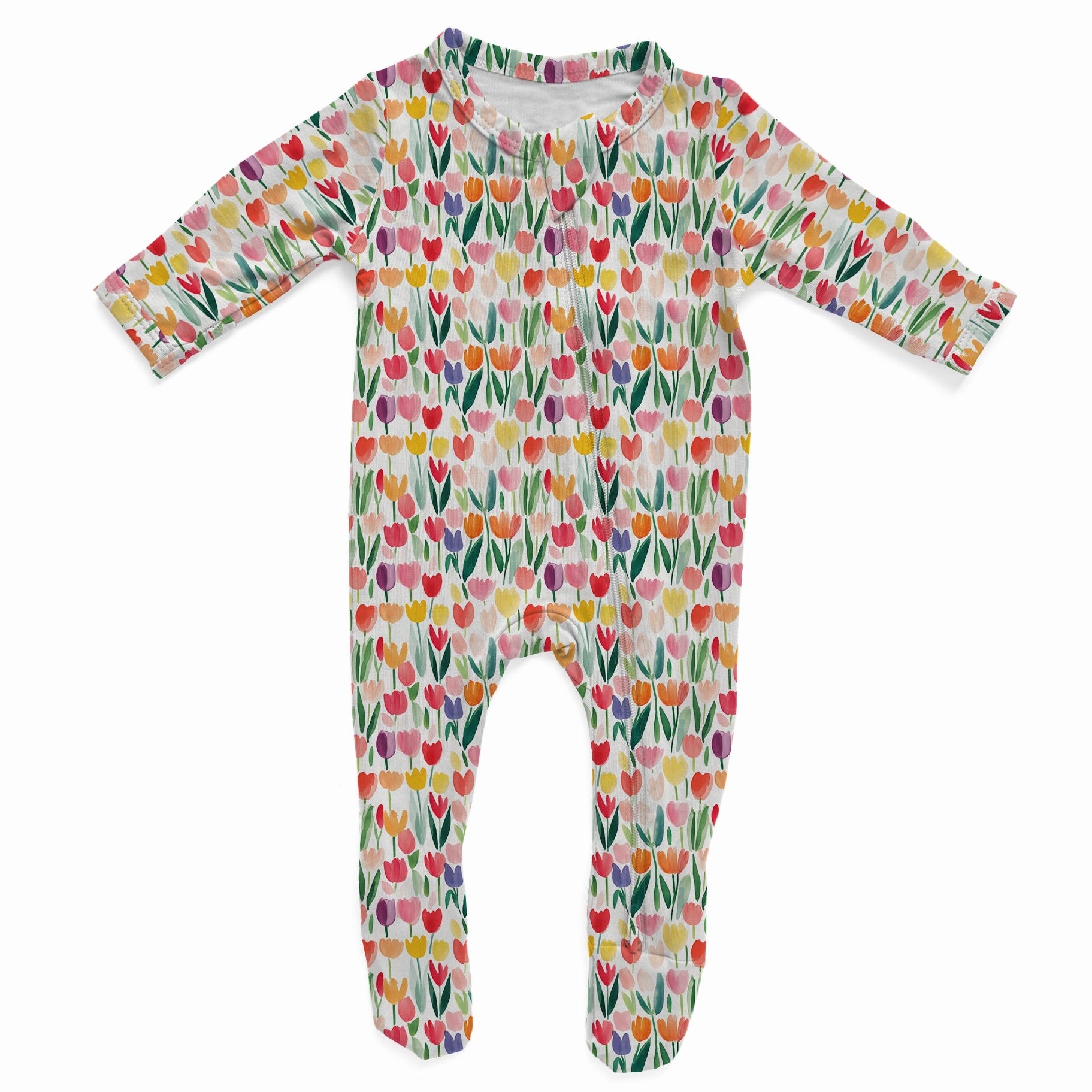 Colorful baby onesie with floral tulip pattern on a white background