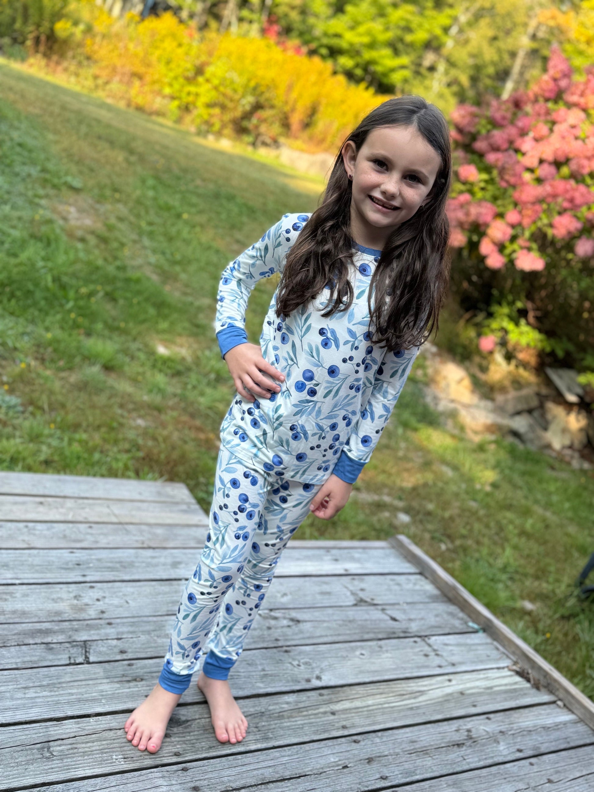 Maine blueberry themed kids pajamas, Jaycob two-piece set inspired by Maine’s wild blueberries.