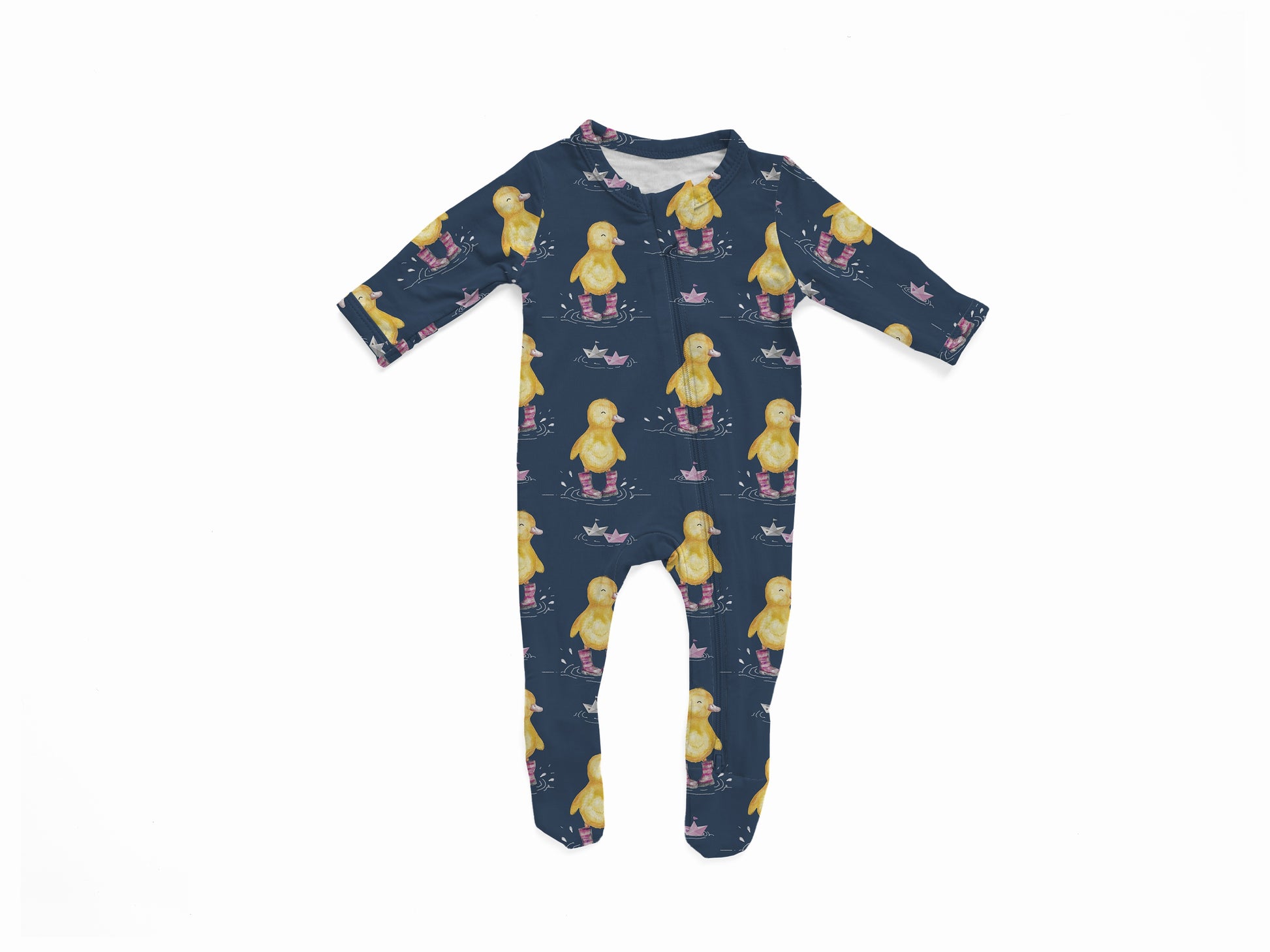 Navy baby onesie with yellow ducks in purple rain boots stomping in puddles with paper boats floating 