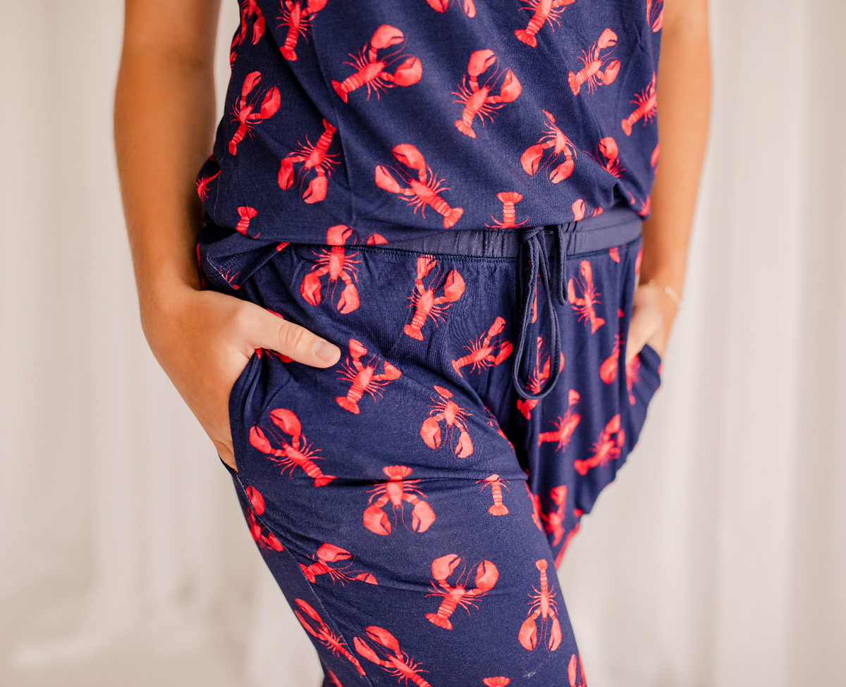 Adrianne - Navy Lobster Short Sleeve V-Neck Shirt