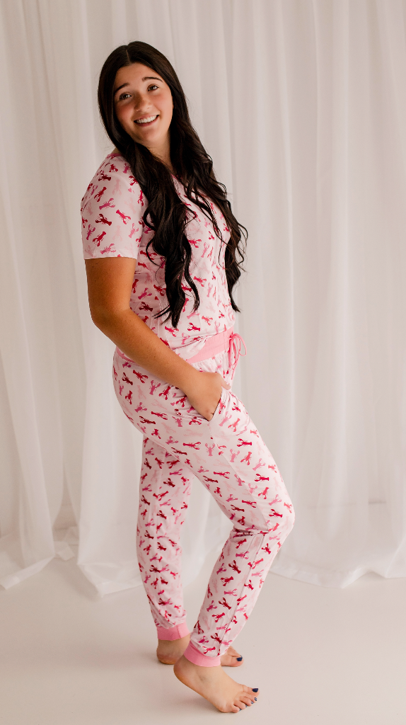 Becka - Pink Lobster Short Sleeve V-Neck Shirt