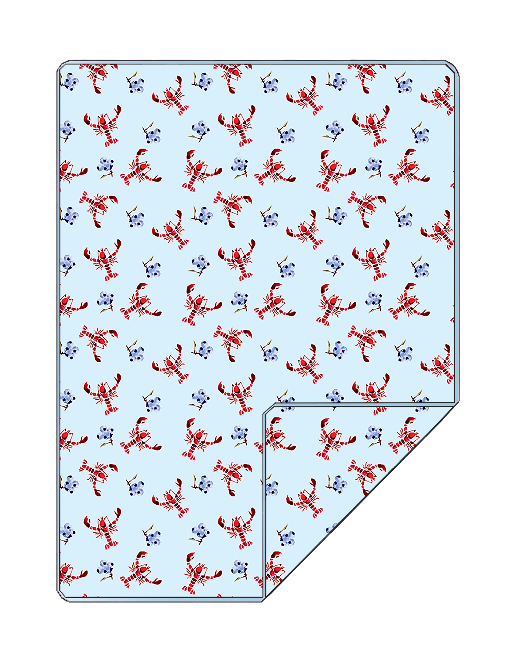 A square textile item, likely a blanket or mat, shown flat with one corner folded over on a plain white background. The fabric has a light blue base with a repeating pattern of red-and-white striped lobster motifs and small blue-and-white flower details.